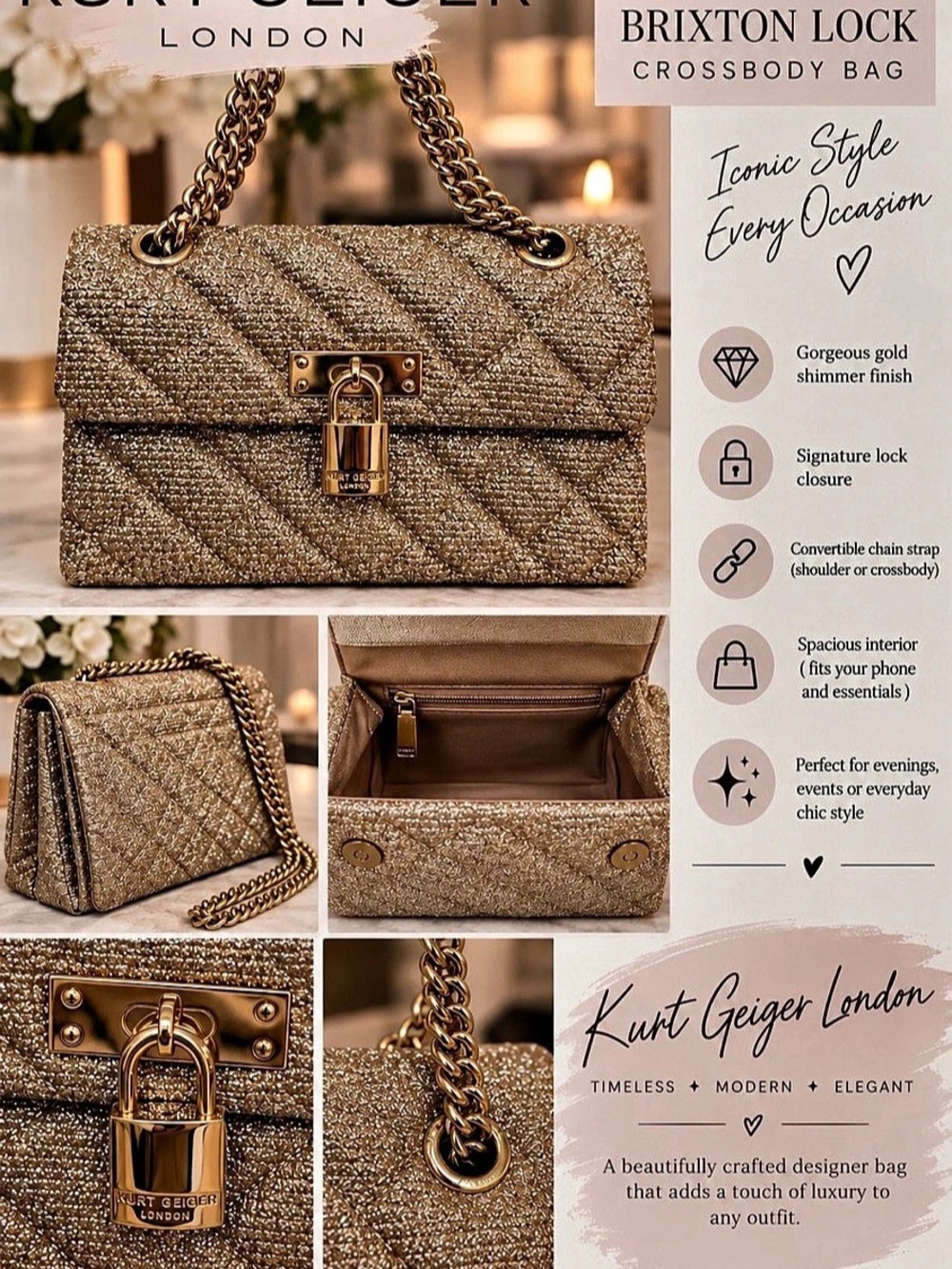 Kurt Geiger London Brixton Lock Crossbody Purse Gold Shoulder Bag